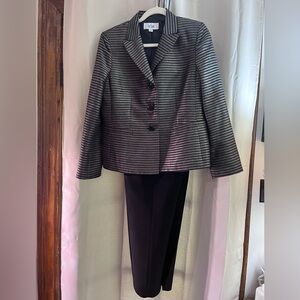 Le Suit Black and Gray Striped Pantsuit
